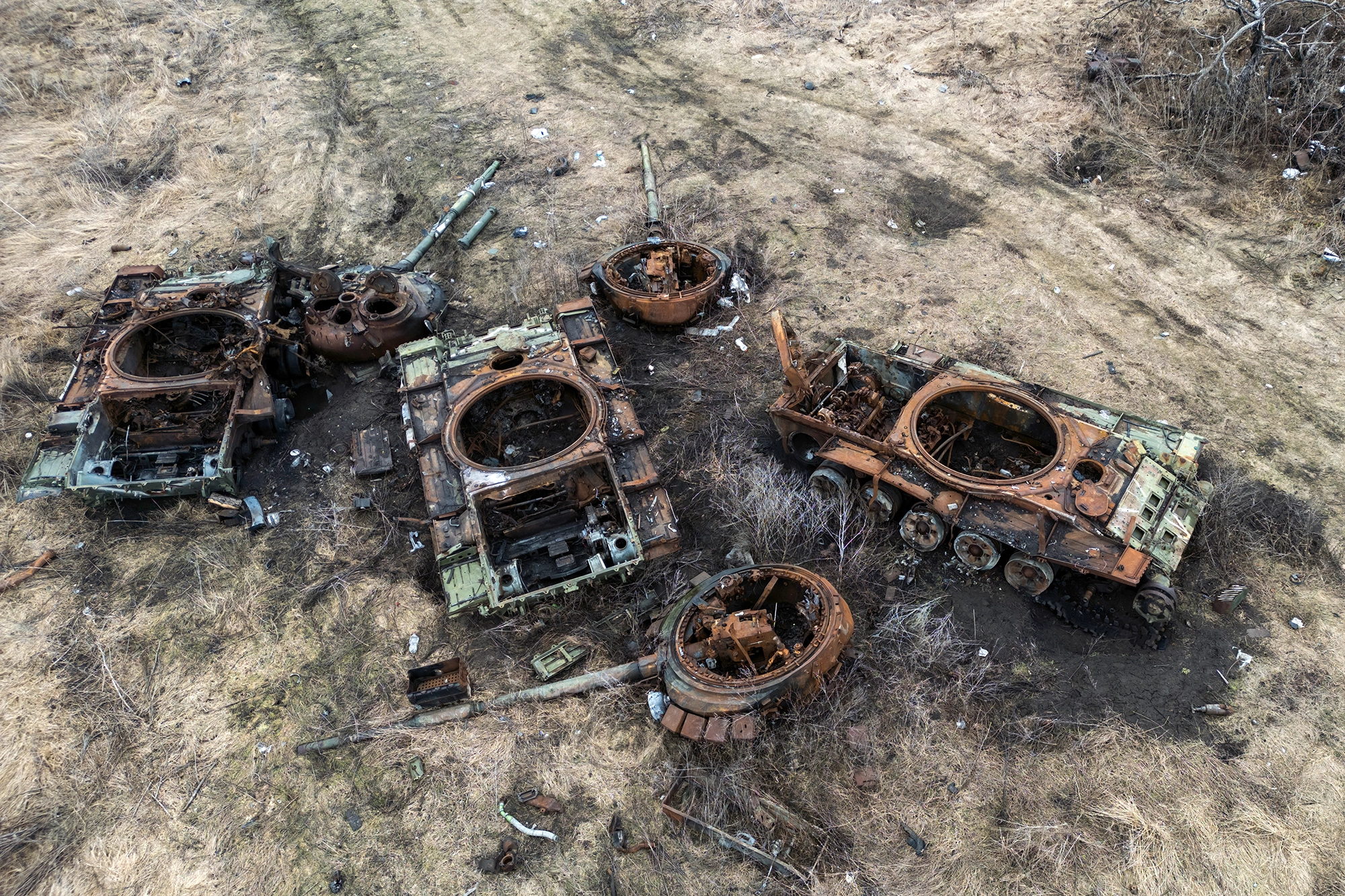 Destroyed Russian tanks are lying in a field near the village of Bohorodychne in the Donetsk region, Ukraine, on February 13, 2024. (Photo by Maxym Marusenko/NurPhoto via Getty Images)
